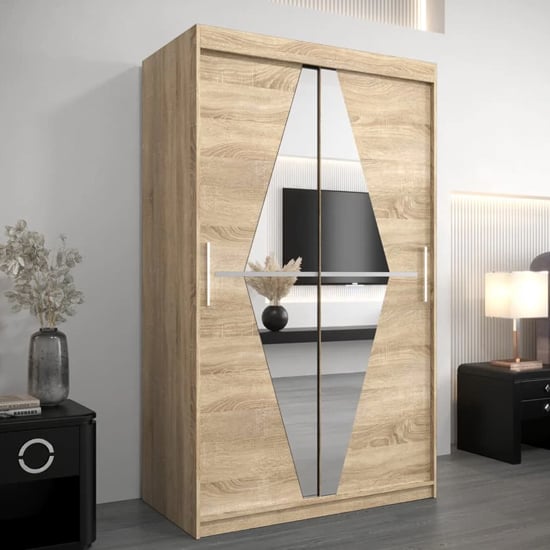CHOICEWARDROBE Beloit 120cm sliding door wardrobe in Sonoma Oak with diamond mirrored fronts