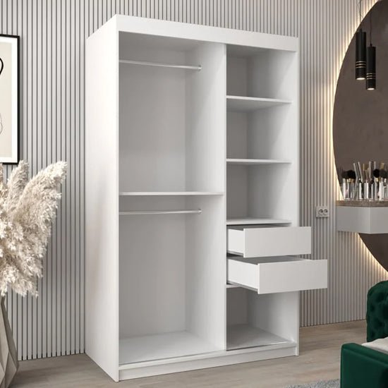 White 2-door sliding wardrobe with internal shelves, hanging rails, and two visible drawers.