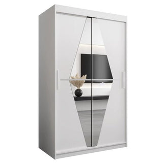 The CHOICEWARDROBE Beloit Sliding Door Wardrobe features 2 white mirrored sliding doors in a 120cm width, ideal for modern UK bedrooms. Its sleek design reflects room decor and complements any contemporary interior style.