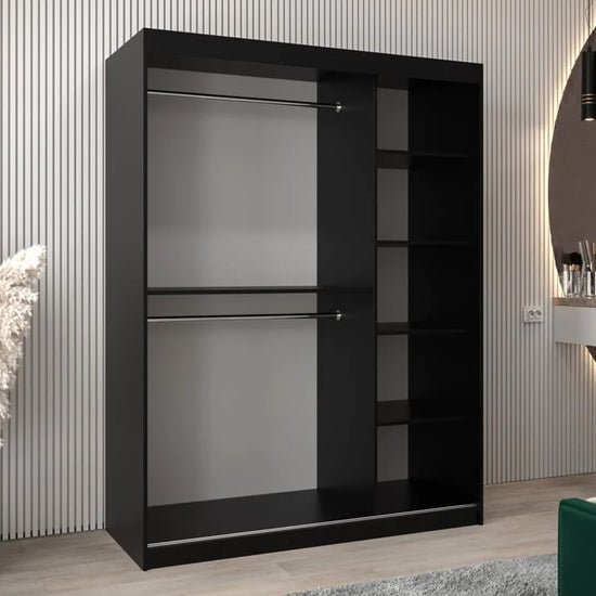 CHOICEWARDROBE Beloit 150cm black mirrored sliding wardrobe with two doors, showing hanging rails and shelves.