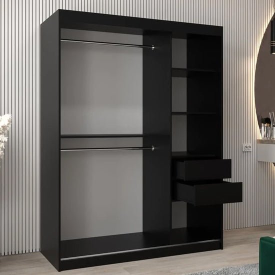 Black sliding wardrobe with two hanging rails, shelves, and two visible drawers.