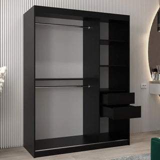 The Beloit Mirrored Wardrobe with 2 sliding doors in black, featuring dual hanging rods and shelves with two open drawers, adds a stylish, modern touch to any bedroom.