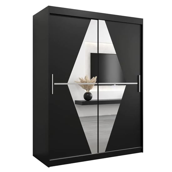 Black 150cm sliding wardrobe with two mirrored doors and a central geometric design.