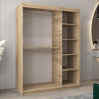 The CHOICEWARDROBE Beloit Sliding Door Wardrobe has 2 mirrored doors, is 150cm wide in Sonoma Oak, and stands against a wall with vertical grooves.
