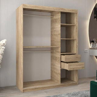 A CHOICEWARDROBE Beloit Sliding Door Wardrobe (150cm, Sonoma Oak, mirrored doors) stands against a striped wall in a modern room.