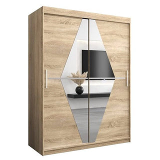 The CHOICEWARDROBE Beloit Sliding Door Wardrobe features 2 mirrored doors in Sonoma Oak (150cm). The central mirror reflects a vase with dried plants and a wall-mounted TV.