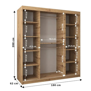 The Beloit Mirrored Wardrobe with 2 sliding doors in artisan oak is 200x180x62 cm, featuring left and right sections with five shelves each, and a center section with a hanging rod and shelf. Shelf heights and dimensions are clearly labeled.