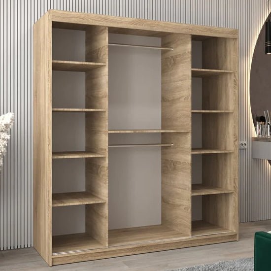 Sonoma Oak sliding door wardrobe with open shelves and hanging rails visible inside.