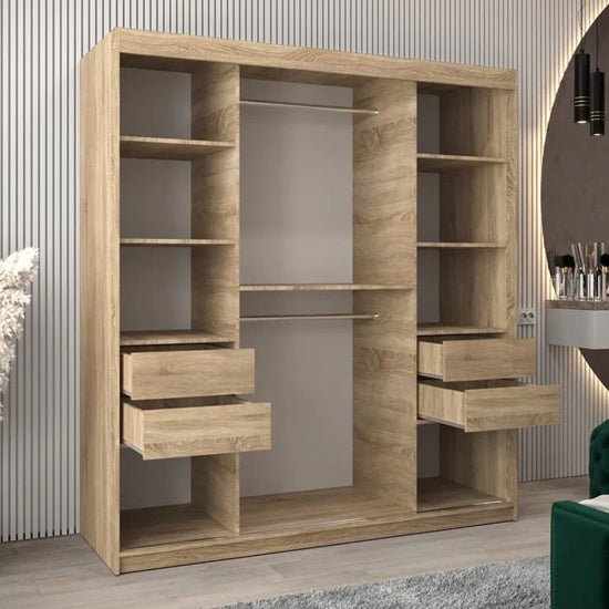 Sonoma Oak sliding wardrobe 180cm with 2 visible drawers and 2 hanging rails.