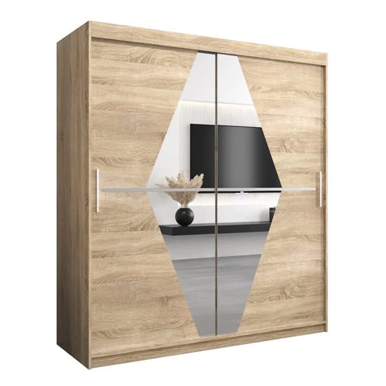 Sonoma Oak 180cm sliding door wardrobe with central geometric mirrored panels and silver handles.
