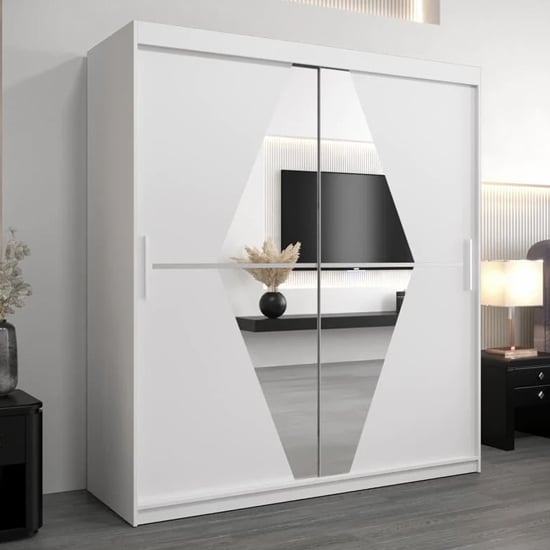 Beloit 180cm white mirrored wardrobe with 2 sliding doors, featuring a geometric mirrored panel.