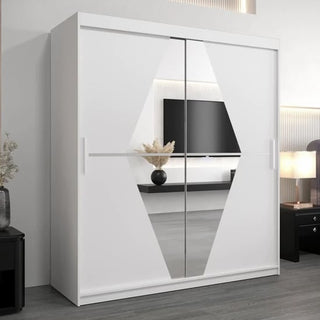 The Beloit Mirrored Wardrobe 2 Sliding Doors 180cm in White, featuring a geometric design, reflects the TV, console, lamp, and vase in a modern bedroom, adding style and enhancing the contemporary space.