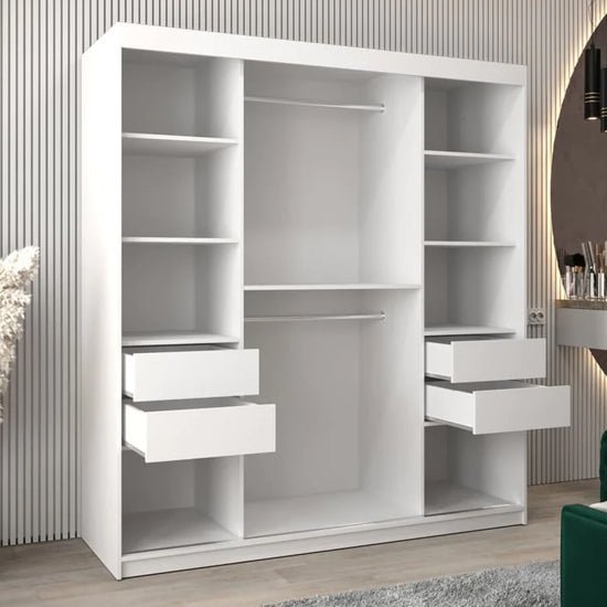 White 2-door sliding wardrobe with mirrored front, open shelves, hanging rails, and visible drawers.