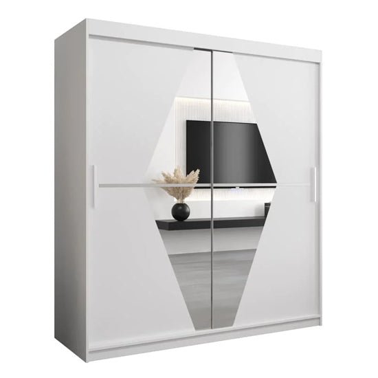CHOICEWARDROBE Beloit 180cm white sliding door wardrobe with mirrored geometric front panels.