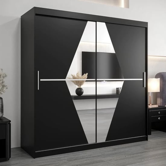CHOICEWARDROBE Beloit 200cm black sliding wardrobe with mirrored panel detail and silver handles.