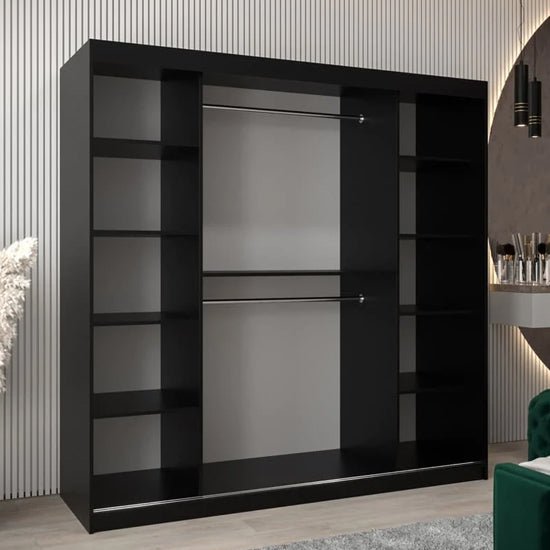 Black 200cm wardrobe with sliding doors and mirrored panels, featuring internal shelves and hanging rails.