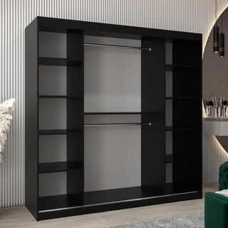 The Beloit Mirrored Wardrobe 2 Sliding Doors 200cm in Black features a modern look with central hanging rods and side shelves, making it a stylish addition to bedrooms with light-colored vertical wall panels.