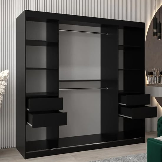 Black 2-door wardrobe with four visible drawers and hanging rails.