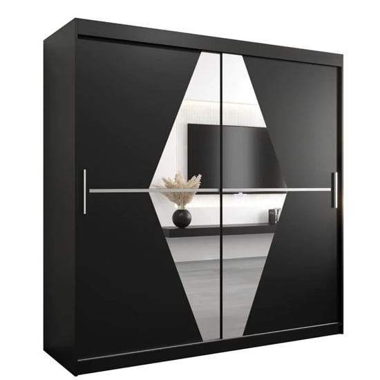 CHOICEWARDROBE Beloit black wardrobe with 2 sliding doors and geometric mirrored panels.