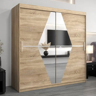 The Beloit Mirrored Wardrobe 2 Sliding Doors 200cm in Sonoma Oak features geometric diamond-shaped mirrored panels on each sliding door, adding elegance and a modern touch to any bedroom.