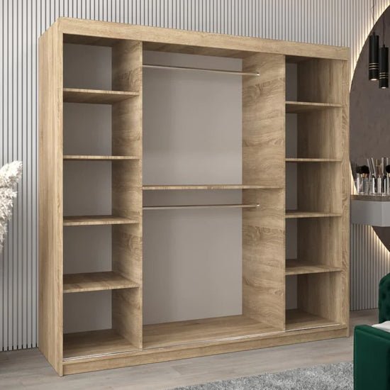 CHOICEWARDROBE Beloit 200cm sliding door wardrobe in Sonoma Oak with mirrored doors and visible internal shelves and hanging rail.
