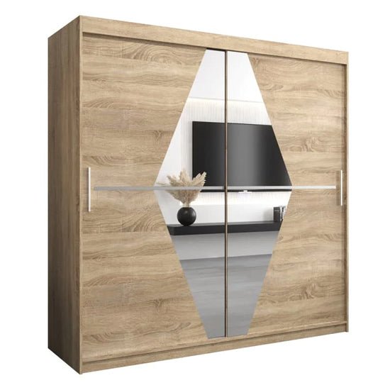 CHOICEWARDROBE Beloit 2-door sliding wardrobe in Sonoma Oak with mirrored diamond panel doors and silver handles.