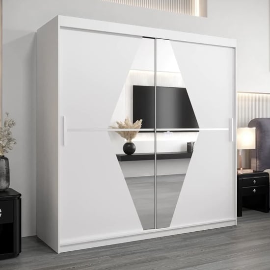 White 2 door sliding wardrobe with central geometric mirrored panels.