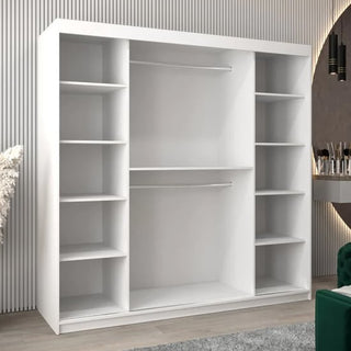 The Beloit Mirrored Wardrobe 2 Sliding Doors 200cm in White features two central hanging rods and multiple side shelves, offering stylish storage and sophistication to any modern room. Perfect for placing against a wall with vertical accents.