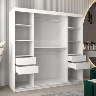 The Beloit Mirrored Wardrobe 2 Sliding Doors 200cm in White adds style to your bedroom with spacious shelves, hanging rods, and drawers. Placed against a vertically-lined wall, it sits beside a vanity and green chair.