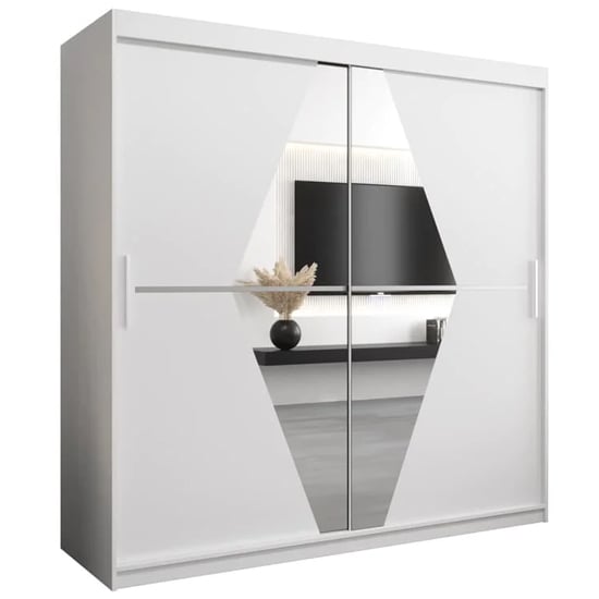 White 200cm sliding door wardrobe with geometric mirrored panel