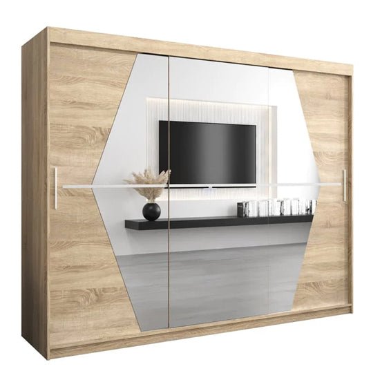 Beloit 3 sliding door wardrobe in Sonoma Oak with a central mirrored geometric panel.