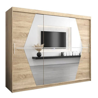Beloit 3 sliding door wardrobe in Sonoma Oak with a central mirrored geometric panel.