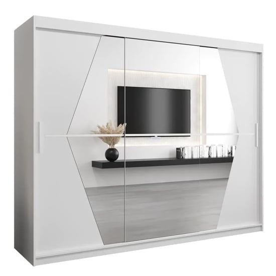 CHOICEWARDROBE Beloit 250cm white sliding door wardrobe with mirrored panels and integrated TV unit.