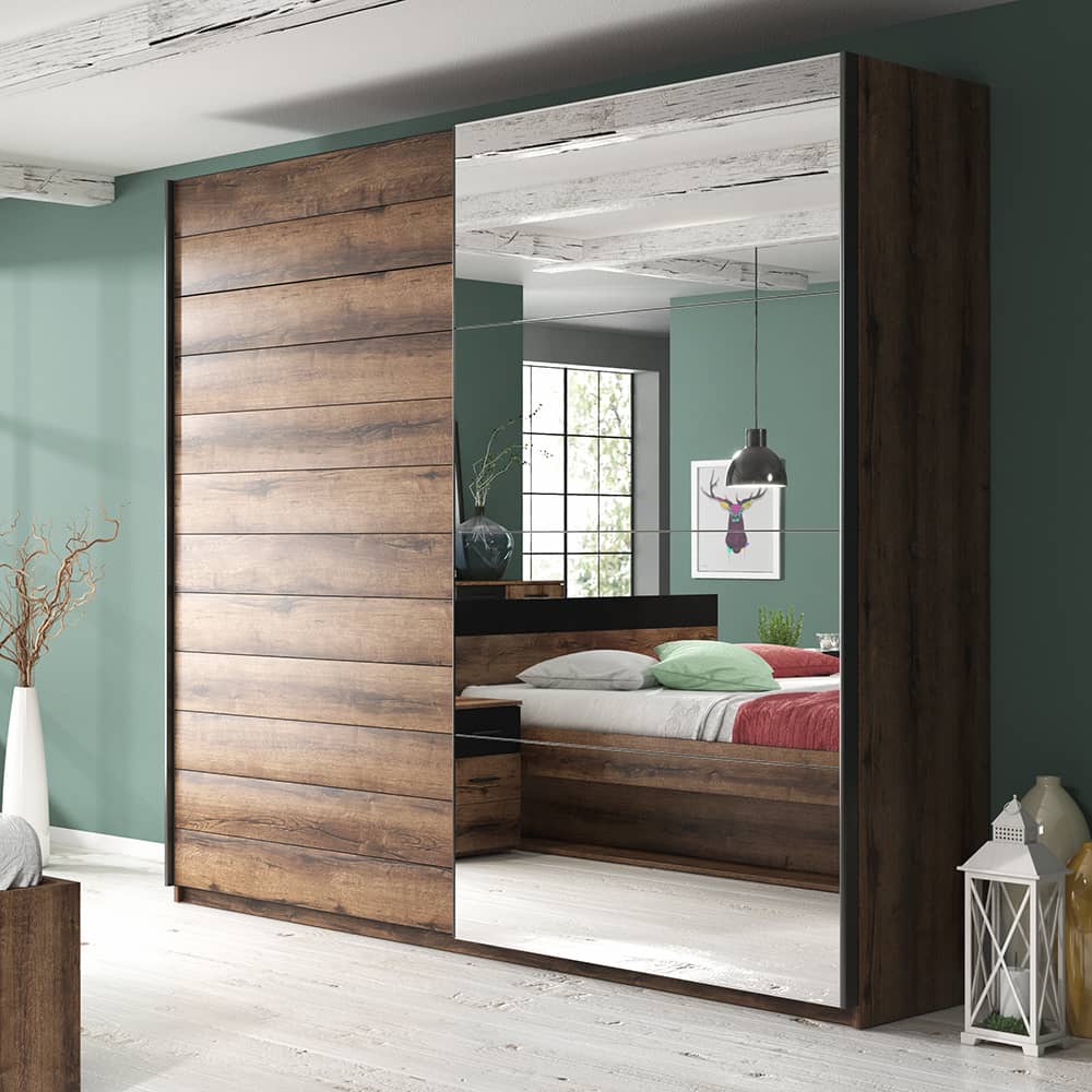 Beta Sliding Door Mirrored Wardrobe 200cm - Oak Monastery & Black Gloss