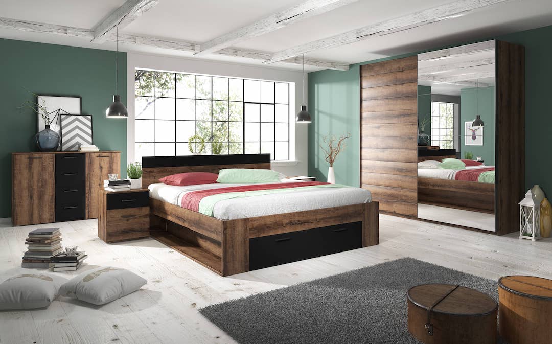 Beta Sliding Door Mirrored Wardrobe 200cm - Oak Monastery & Black Gloss – image 6