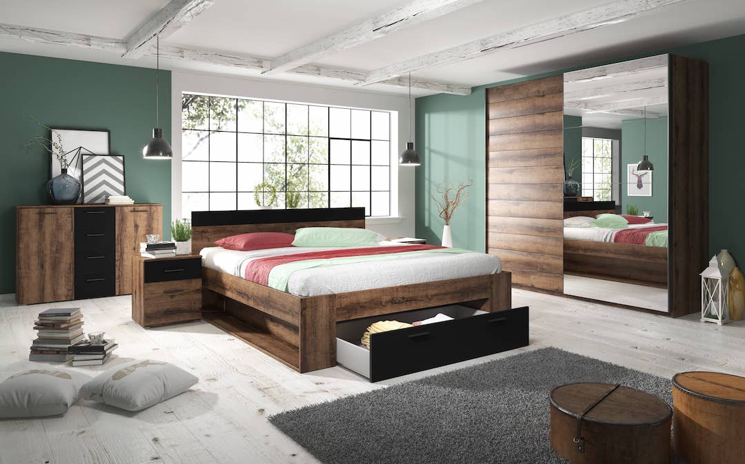 Beta Sliding Door Mirrored Wardrobe 200cm - Oak Monastery & Black Gloss – image 7
