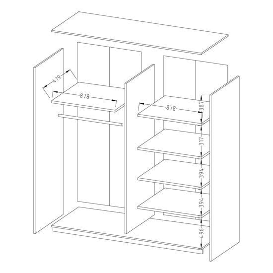 Technical drawing of CHOICEWARDROBE Biloxi 180cm mirrored wardrobe, showing dimensions, one sliding door with mirror, hanging rail, and shelves.
