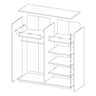 Line drawing of the Biloxi Mirrored Wardrobe 2 Sliding Doors 180cm in Monastery Oak, with labeled dimensions. Features a hanging rail on the left, four shelves on the right; main panels, top, and bottom pieces are shown separated for clarity.