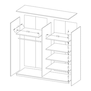 Line drawing of the Biloxi Mirrored Wardrobe 2 Sliding Doors 200cm in Monastery Oak, showing labeled internal shelves (right), hanging rail (left), all dimensions in mm, and spaced main panels for assembly clarity.