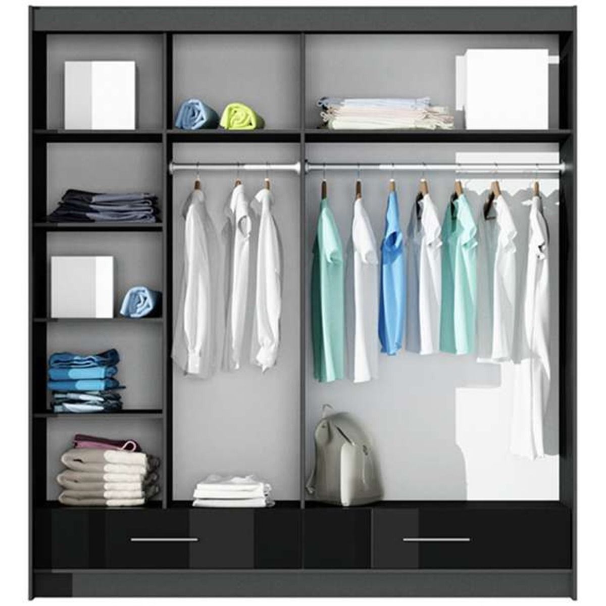Warrington 208cm 2-Door Mirrored Sliding Wardrobe with 2 Drawers in Black – product detail