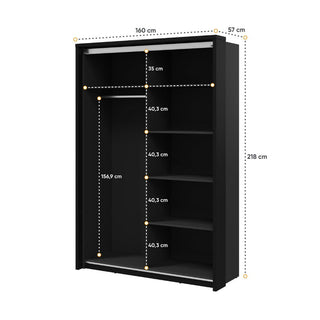 Wardrobe dimension diagram showing 160 cm width, 218 cm height and 57 cm depth, ideal for bedroom furniture planning in UK homes.