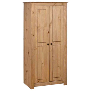 The Bury Wooden Wardrobe With 2 Doors In Brown is ideal for bedroom storage, featuring small round handles and simple rectangular panel detailing in a natural finish.