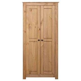 The Bury Wooden Wardrobe With 2 Doors in Brown features a tall solid pine build, paneled doors with round black handles, and a natural finish with visible grain—perfect for stylish bedroom storage.
