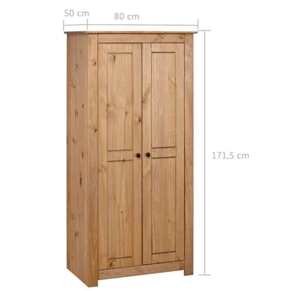 Warm brown pine 2-door wooden wardrobe, 171.5cm H x 80cm W, with round handles.