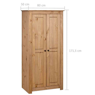 The Bury Wooden Wardrobe With 2 Doors in brown measures 171.5h x 80w x 50d cm, features a natural wood finish, simple round handles, and provides practical storage for your bedroom.