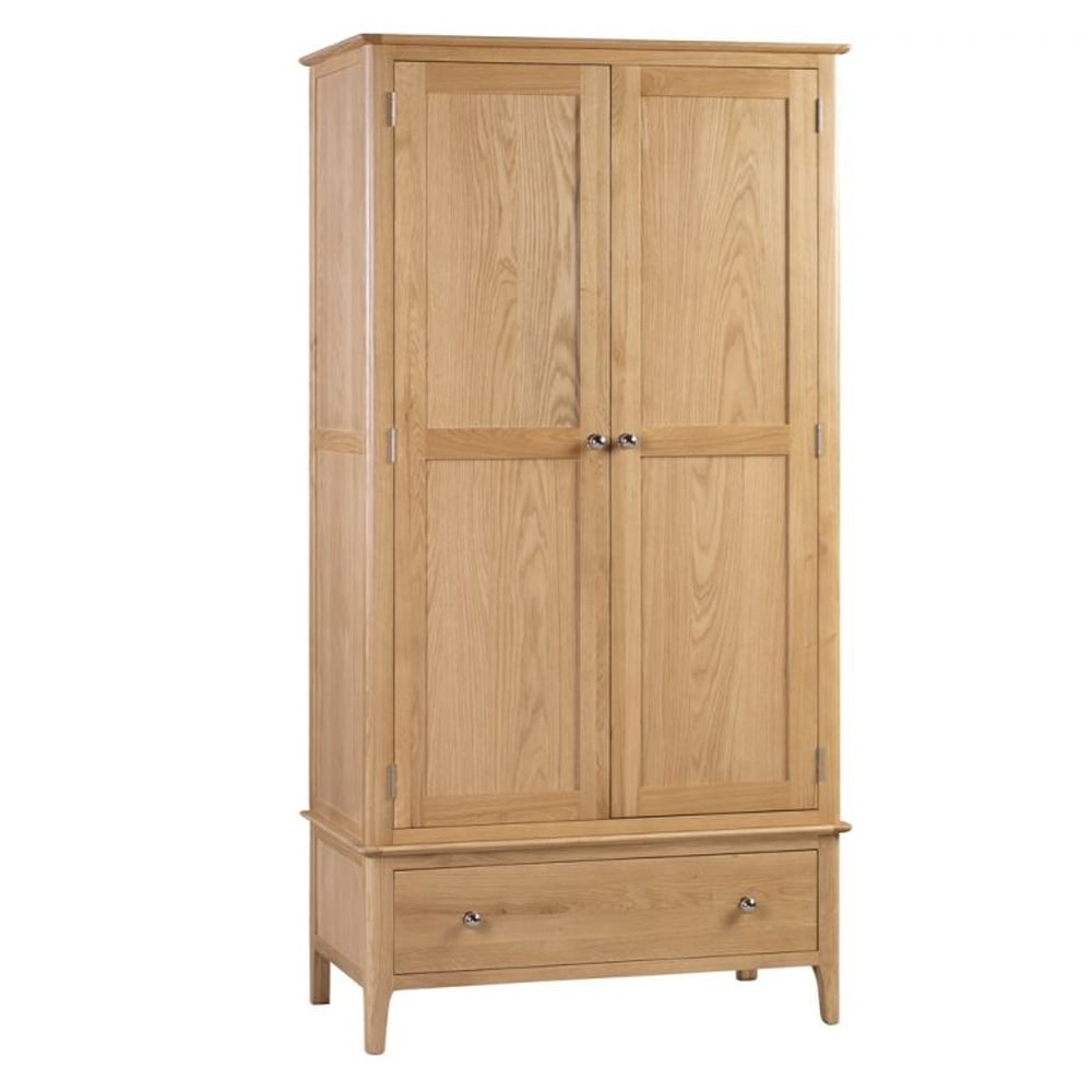 Two-door oak wardrobe with a natural finish and a single base drawer.