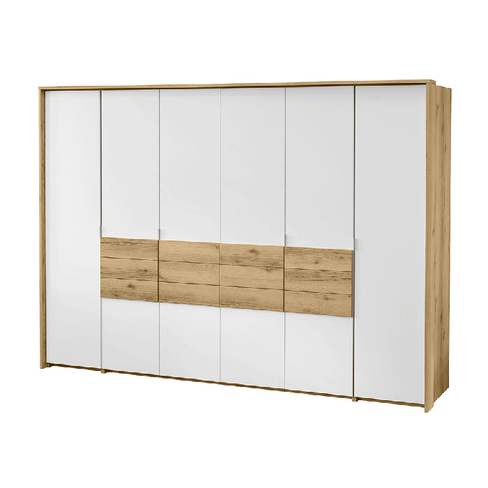 CAVELLO 4-door wardrobe in white and natural grand oak finish, 310cm wide.