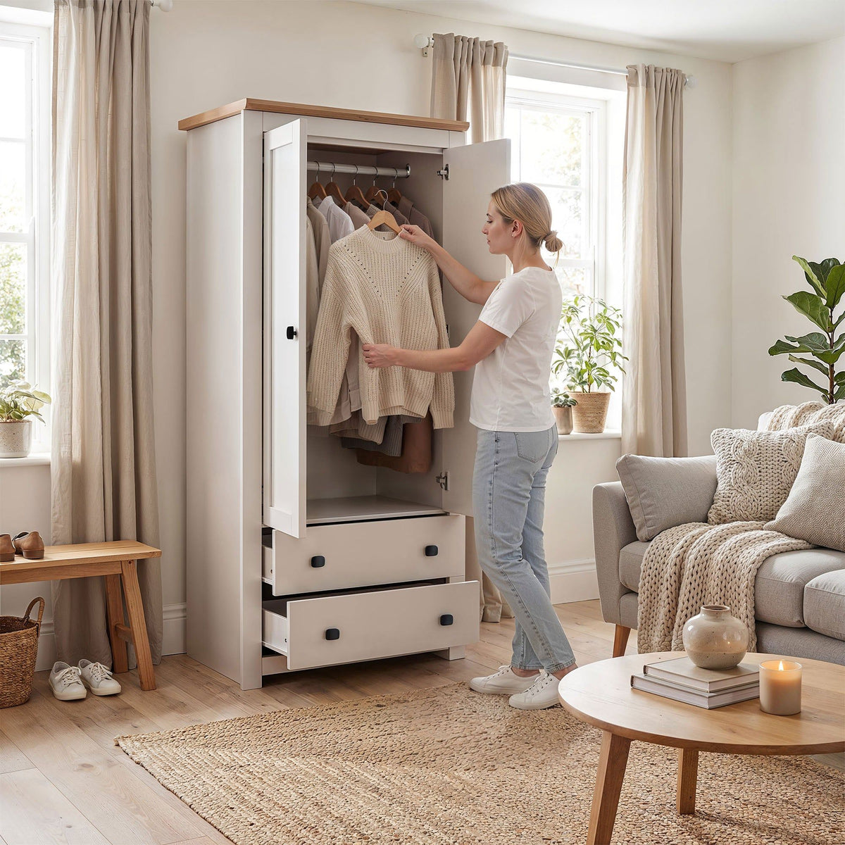 Milana 79cm 2-Door Hinged Wardrobe with 2 Drawers in Beige – product detail