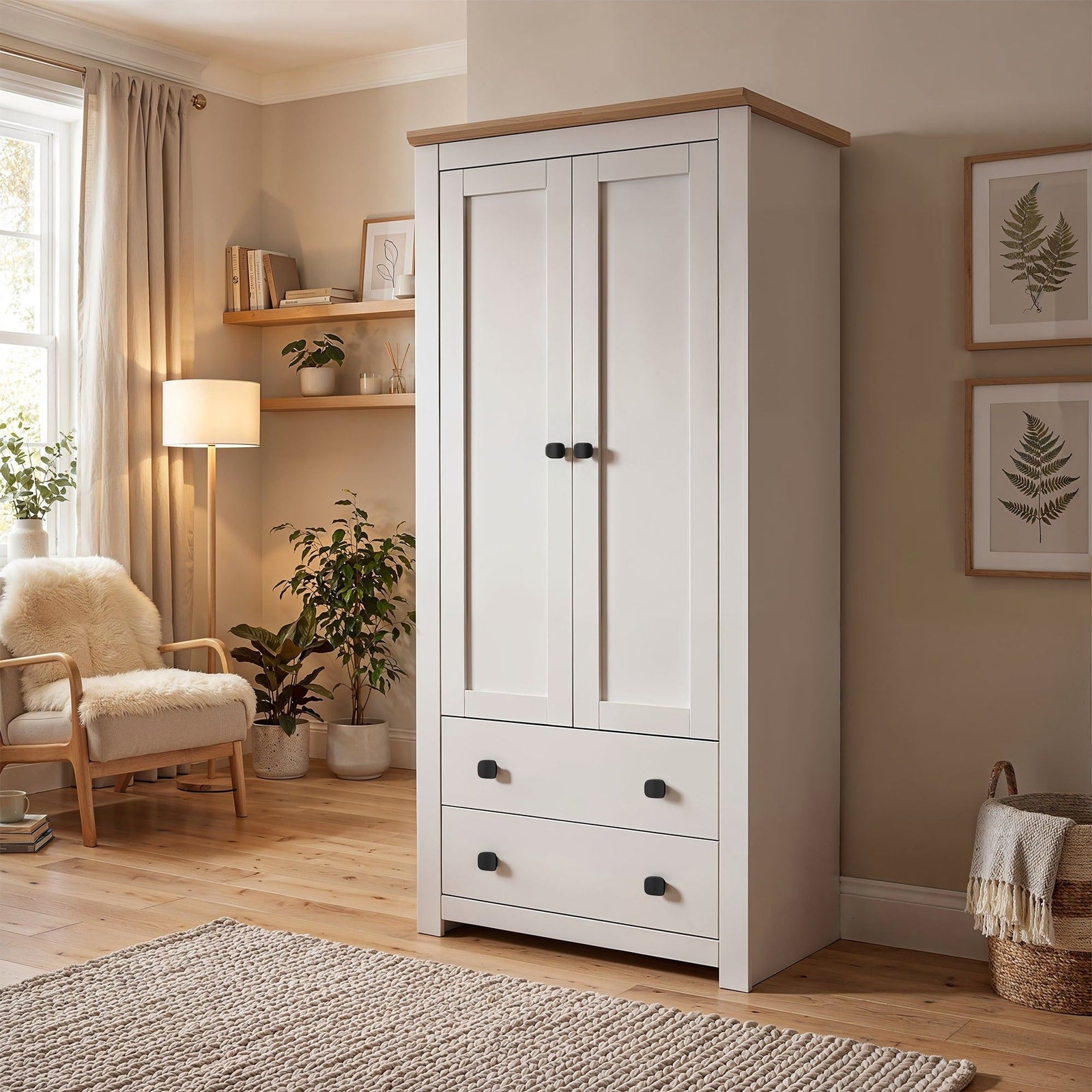 Milana 79cm 2-Door Hinged Wardrobe with 2 Drawers in Beige – product detail