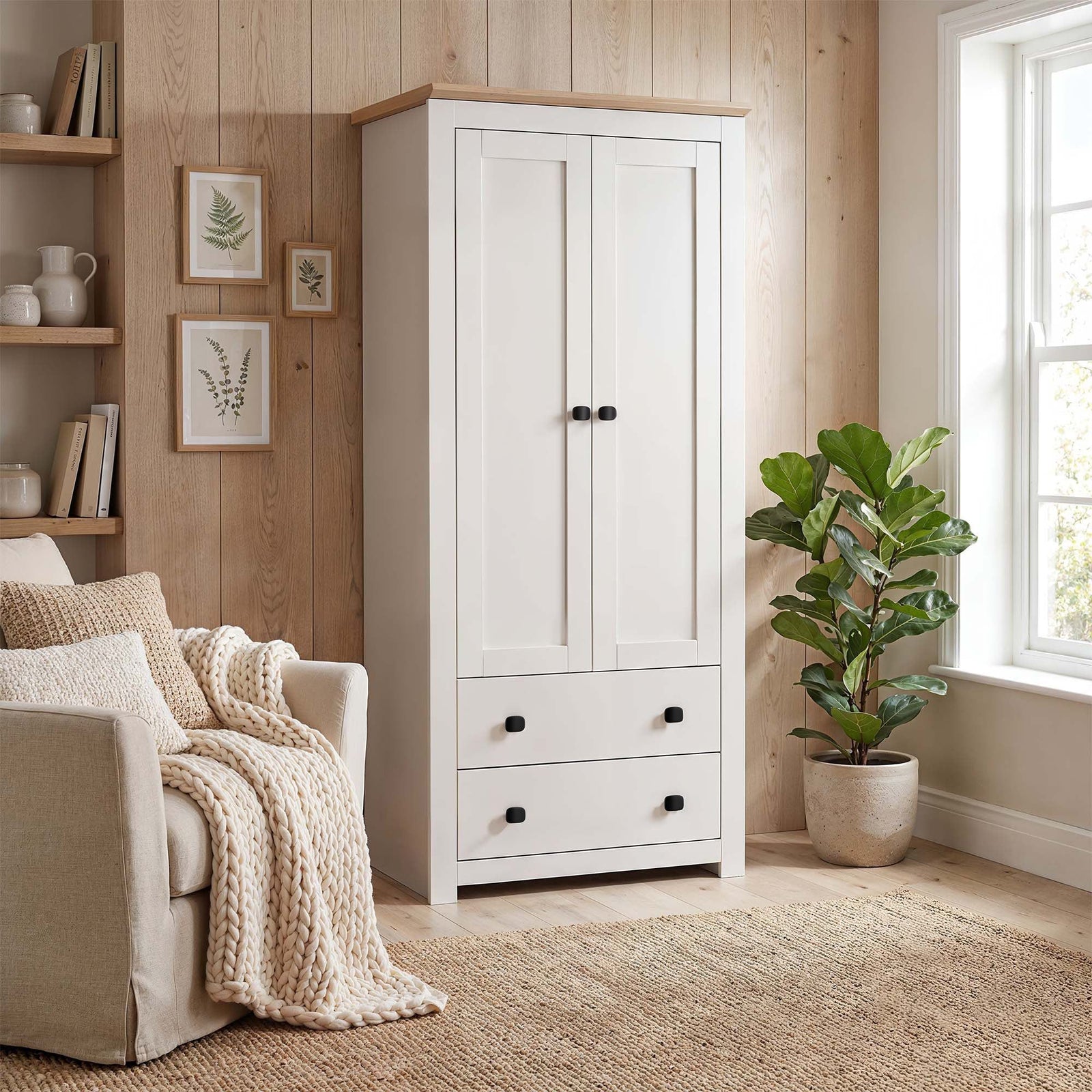 Milana 79cm 2-Door Hinged Wardrobe with 2 Drawers in Beige – product detail